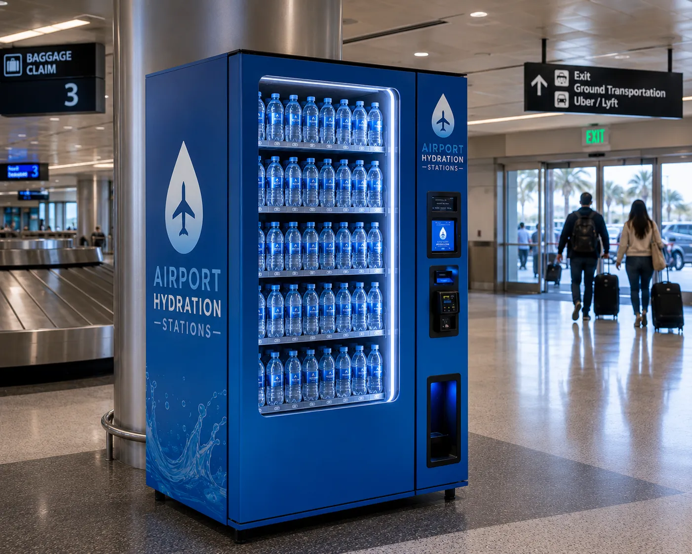 An Airport Hydration Stations smart vending machine stocked with bottled water, standing beside baggage claim carousel 3 near the terminal exit doors.