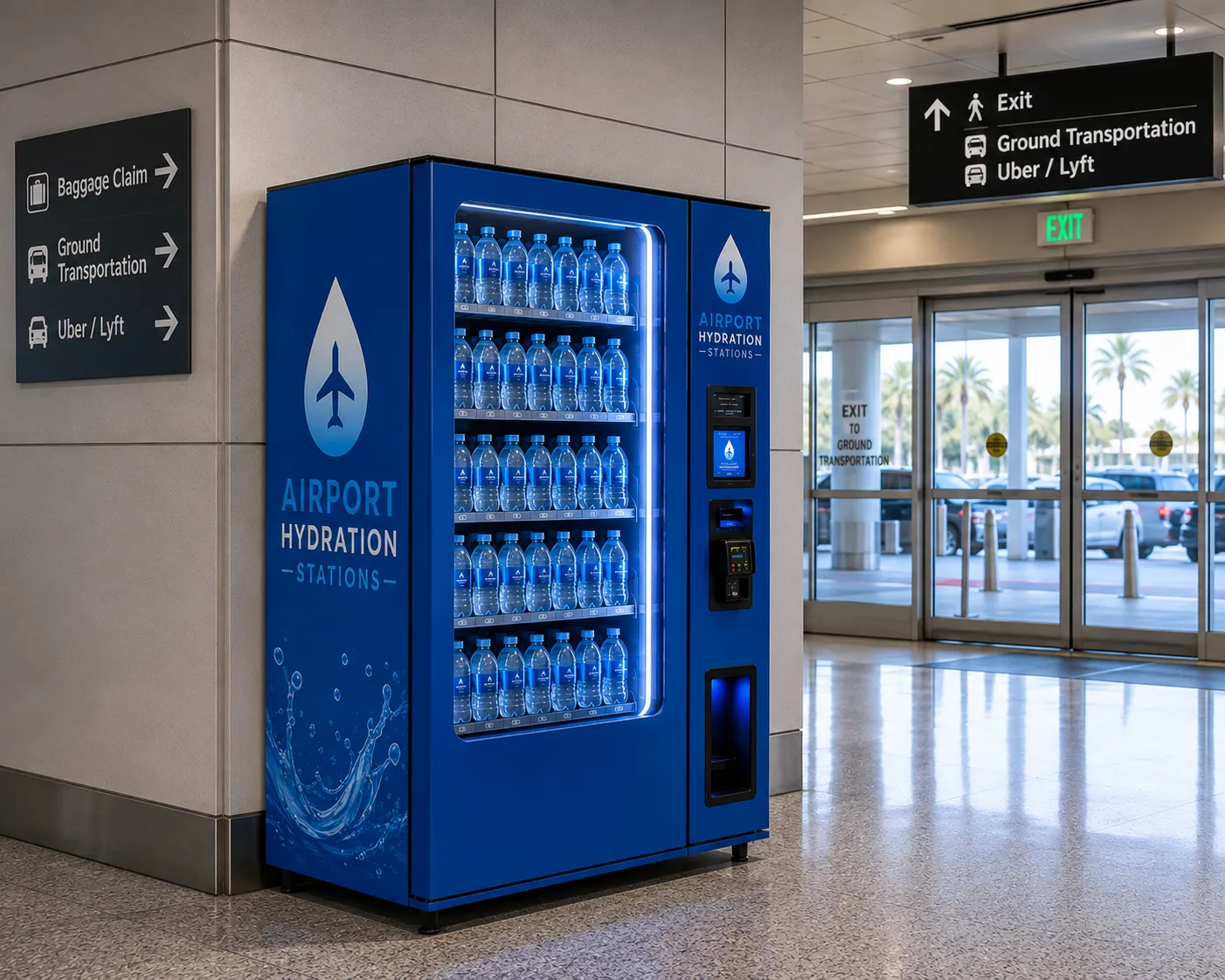 Airport Hydration Stations unit installed against a terminal wall directly beneath wayfinding signage for the exit and ground transportation.